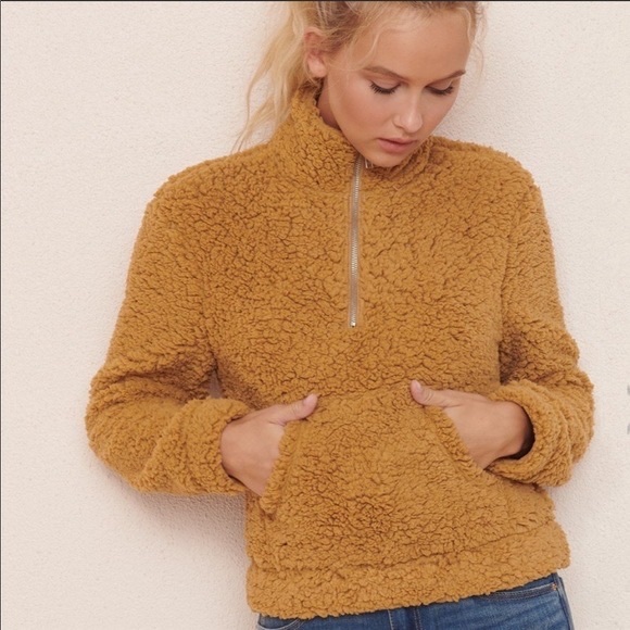 Garage Mock Neck Quarter-Zip Brown Sherpa Pullover - Picture 1 of 4